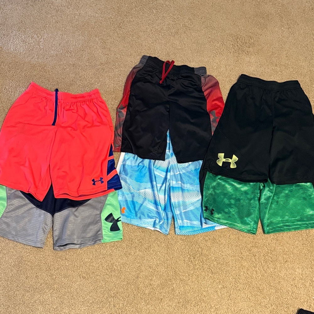 Lot of Six Under Armour Youth Large Shorts - Black, Red, Green, Blue